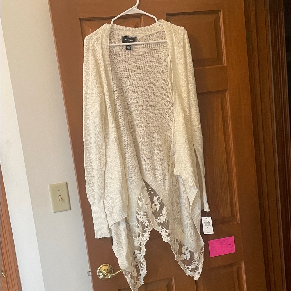 Charlotte Russe Ivory Cardigan with Lace Hem